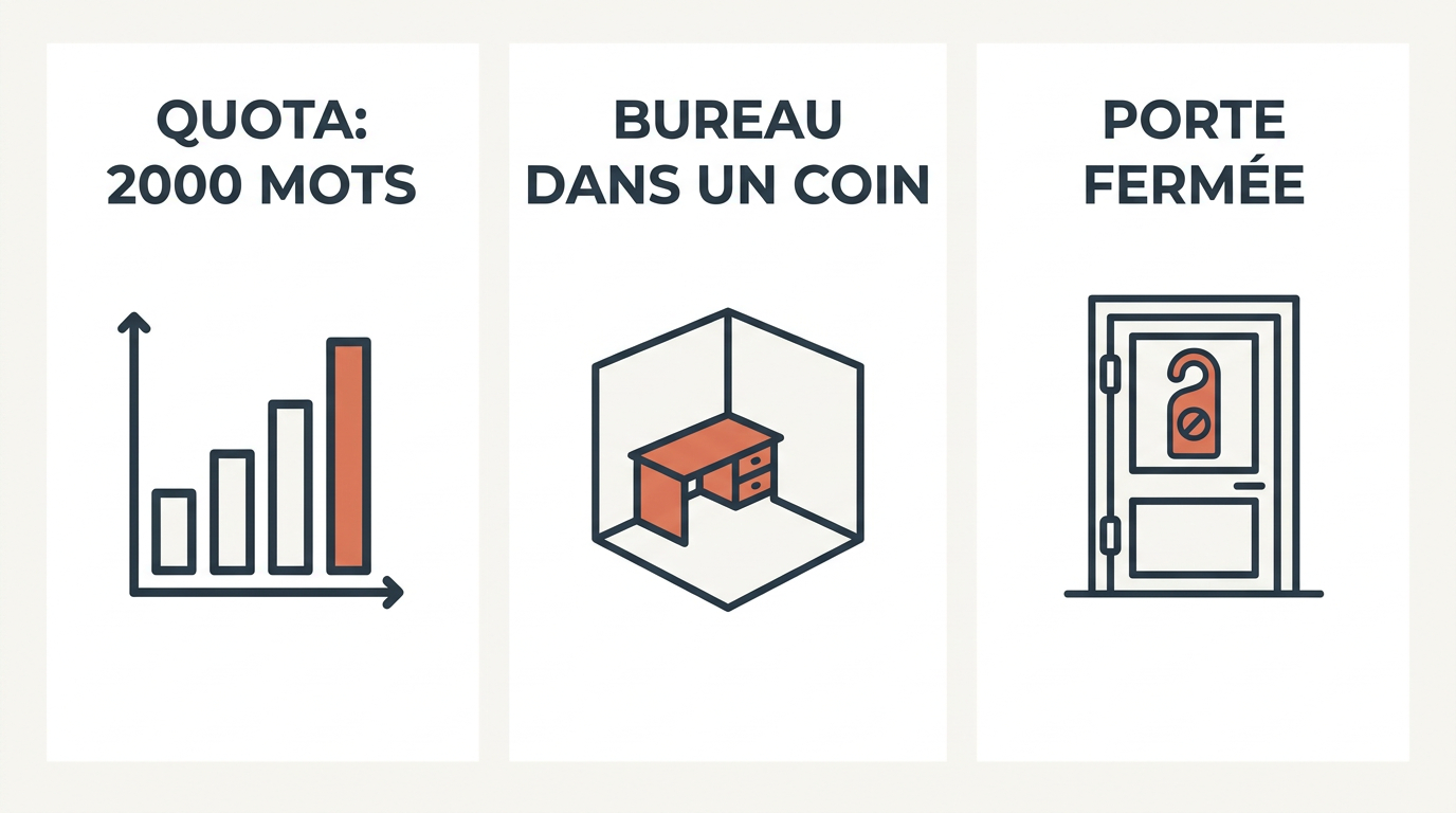 Infographie résumant les 3 piliers de la méthode de Stephen King : le quota de 2000 mots, le petit bureau dans le coin, et la porte fermée pour le deep work.