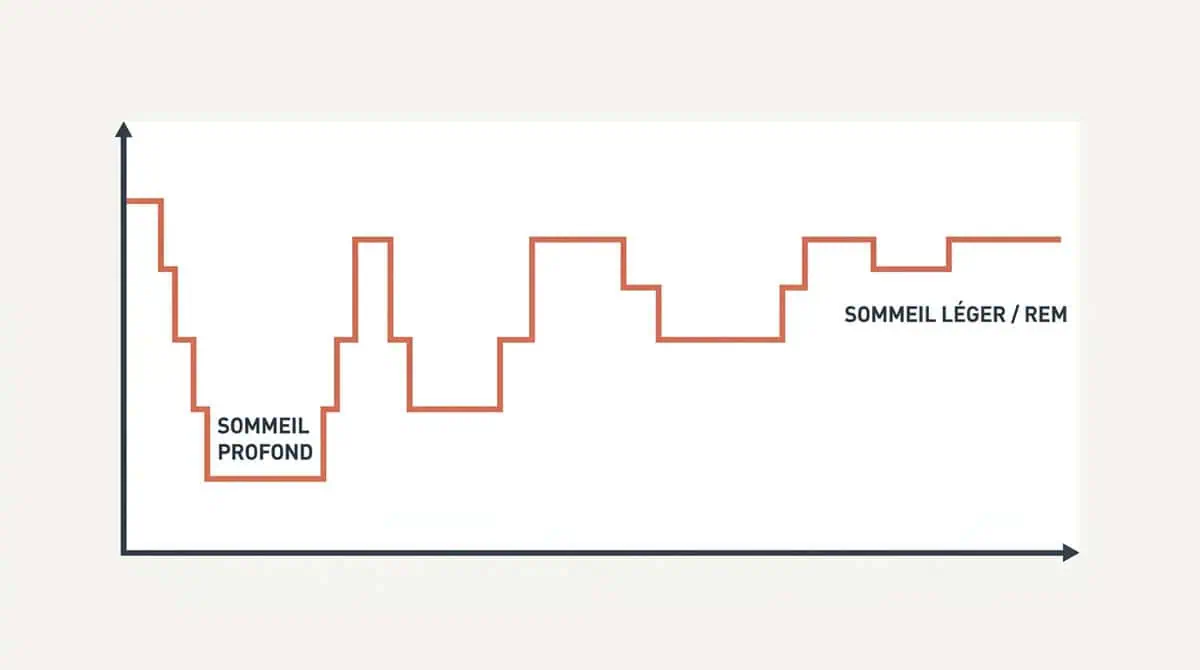 Graphique (hypnogramme) montrant que le sommeil profond se concentre en début de nuit, tandis que le sommeil léger et paradoxal dominent en fin de nuit.