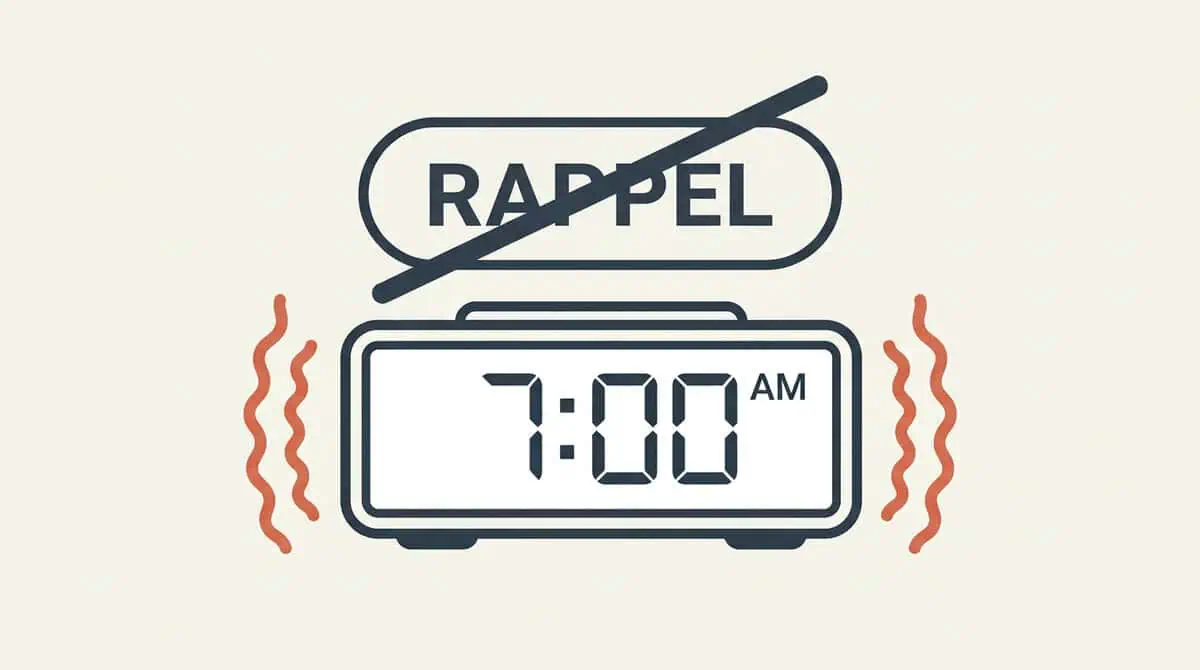 Infographie montrant un bouton Snooze barré, illustrant le danger de repousser son alarme sur l'inertie du sommeil.