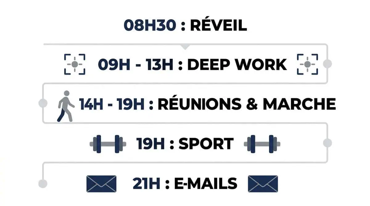 Infographie chronologique de la véritable journée d'Anthony Bourbon, du réveil à 8h30 jusqu'au sport à 19h.