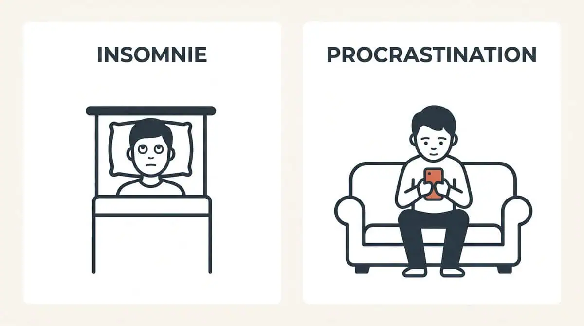 Infographie comparant l'insomnie (difficulté à s'endormir au lit) à la procrastination du sommeil (repousser l'heure d'aller au lit).