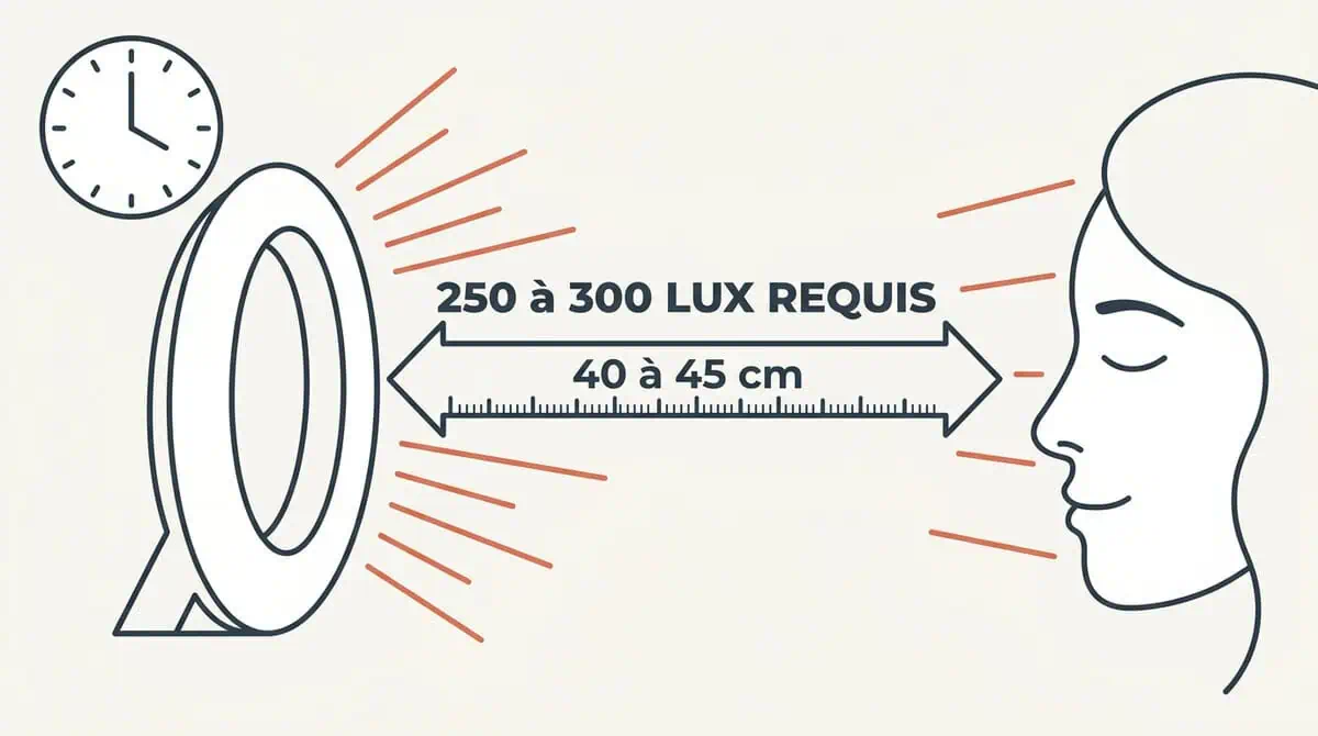 Infographie démontrant qu'un véritable simulateur d'aube doit délivrer entre 250 et 300 lux à une distance de 40 à 45 cm du visage pour être efficace.