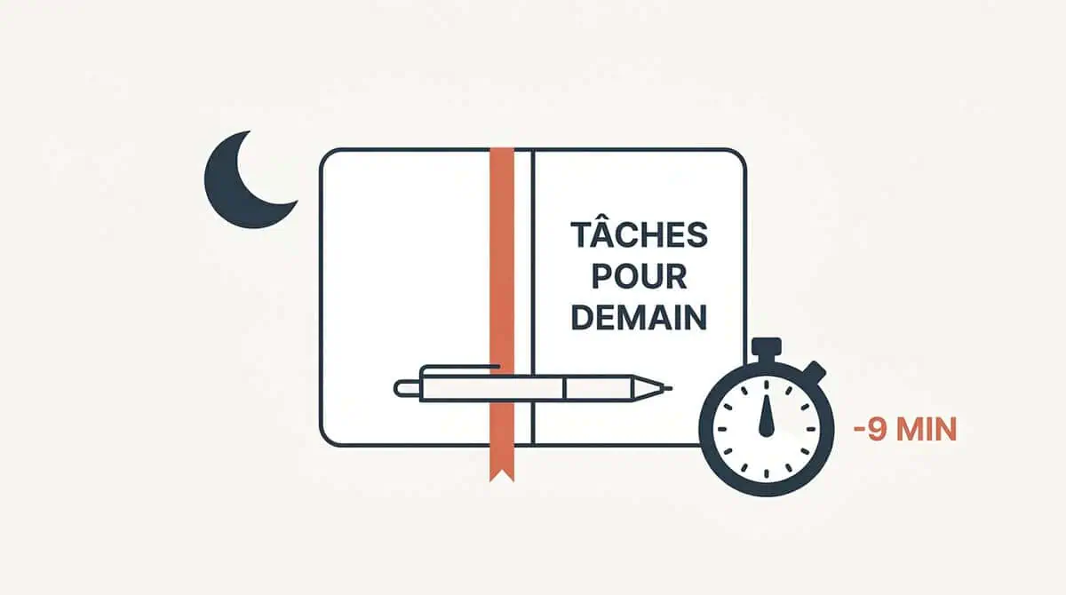 Infographie illustrant la technique d'écrire ses tâches pour le lendemain soir afin de s'endormir plus rapidement et éviter de ruminer.