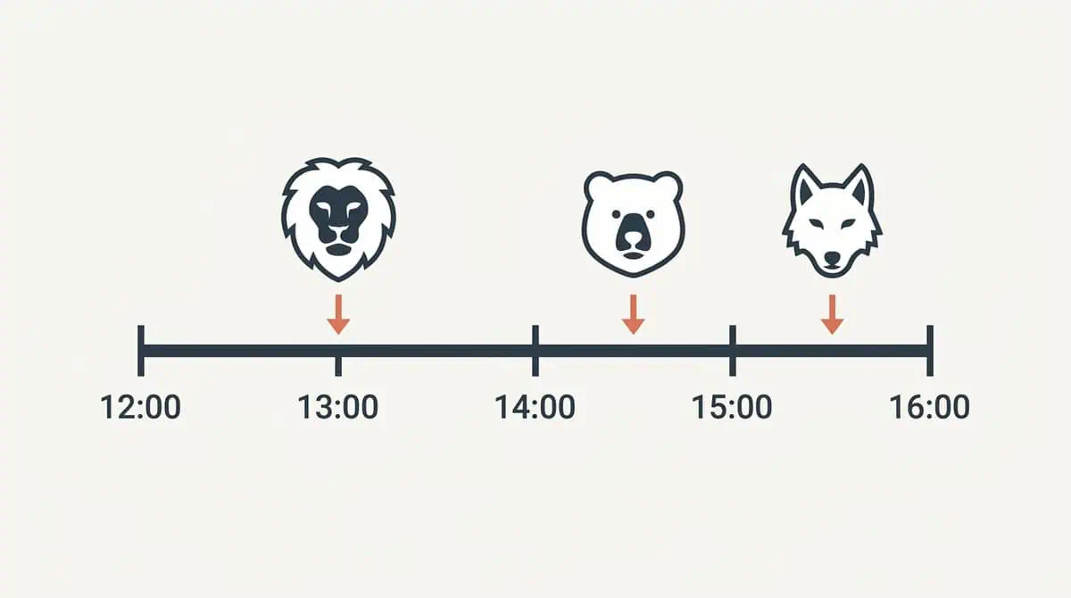 Chronologie indiquant l'heure idéale de la sieste selon son chronotype : 13h00 pour le Lion, 14h30 pour l'Ours, et 15h30 pour le Loup.