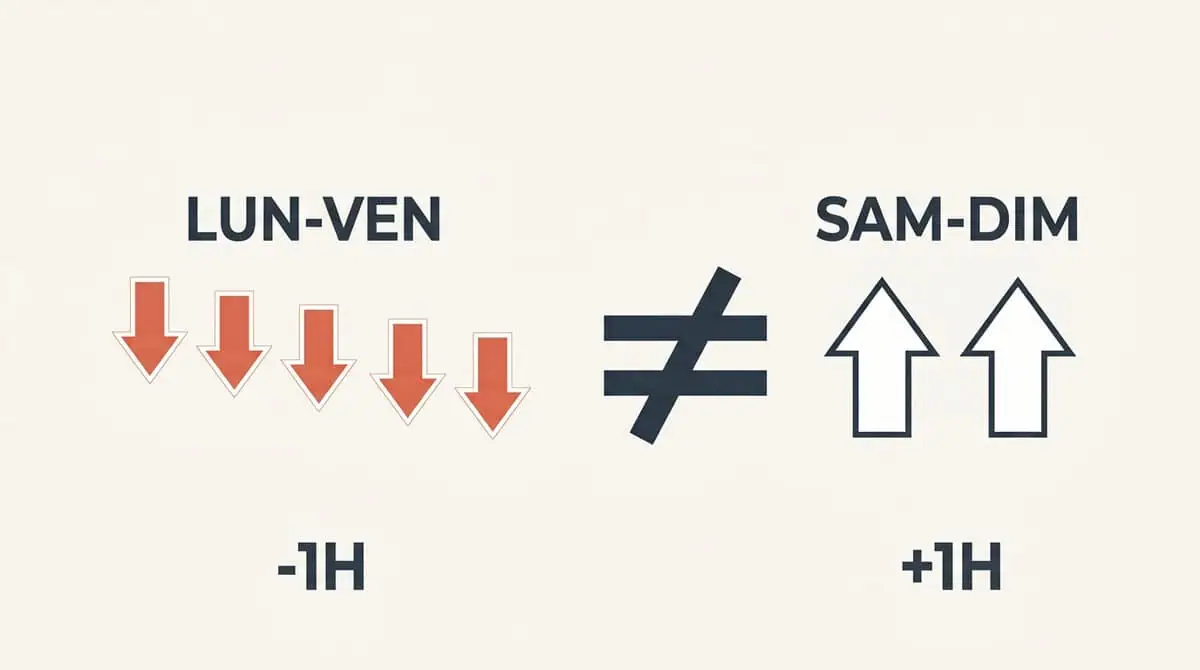 Schéma mathématique montrant que dormir une heure de plus le week-end ne compense pas le déficit de cinq heures accumulé en semaine.