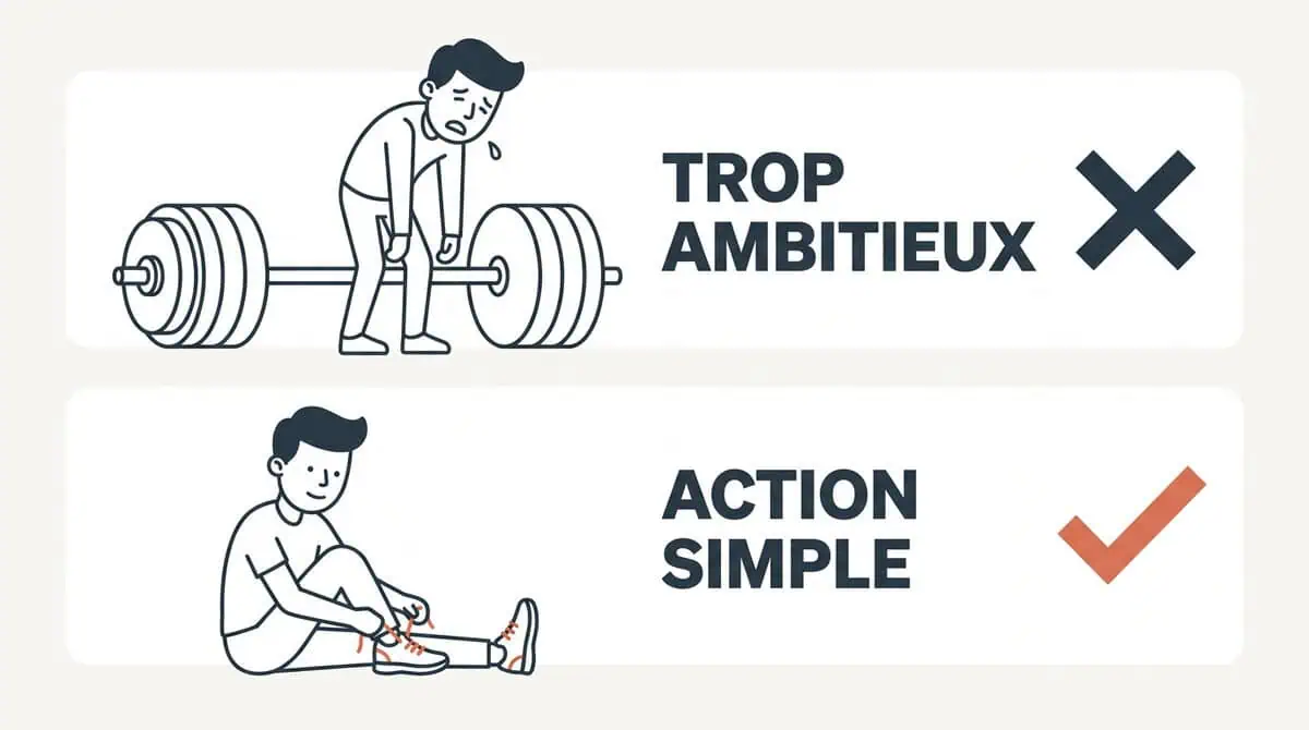 Infographie comparative illustrant l'importance de choisir une action simple (enfiler ses chaussures) plutôt qu'un objectif trop ambitieux pour réussir son habit stacking.