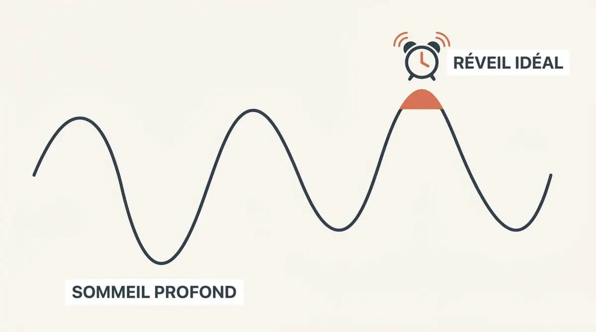 Infographie expliquant le fonctionnement du réveil intelligent, qui détecte la phase de sommeil léger (le pic de la courbe) pour sonner au moment idéal.