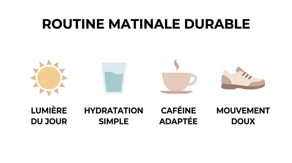 Infographie résumant les 4 piliers d'une routine matinale durable et sans contrainte : lumière du jour, hydratation, caféine adaptée et mouvement doux.