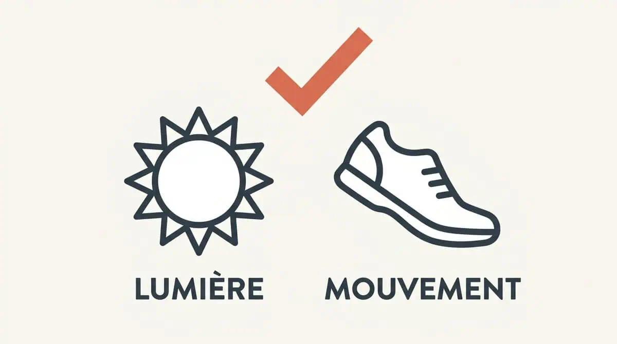 Infographie illustrant le duo gagnant pour dissiper le brouillard matinal : s'exposer à la lumière naturelle et se mettre en mouvement.