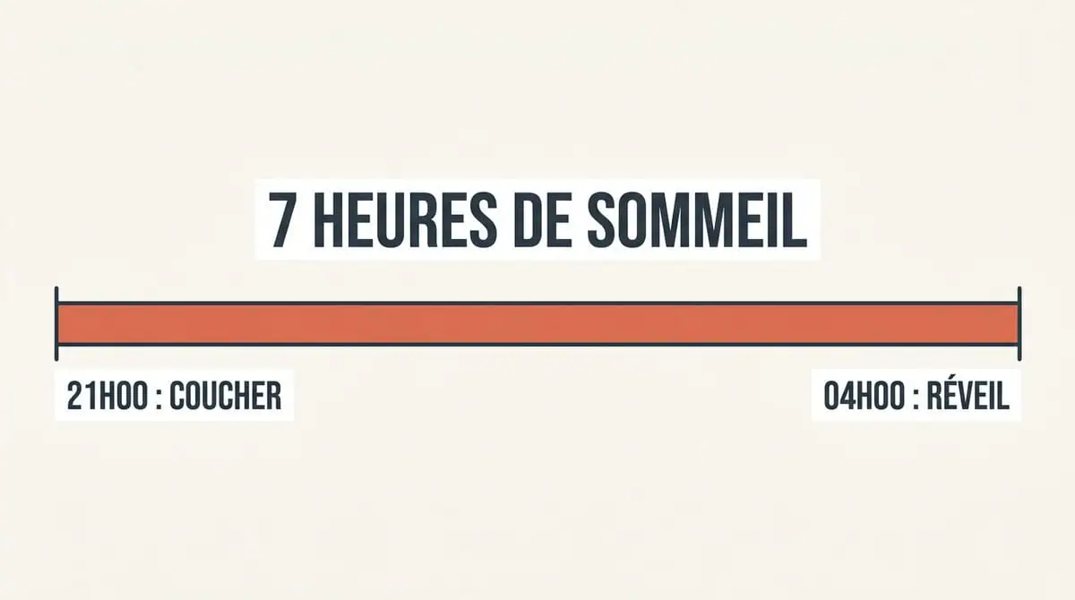 Infographie démontrant que Tim Cook se couche à 21h pour se lever à 4h, respectant ainsi un cycle sain de 7 heures de sommeil.
