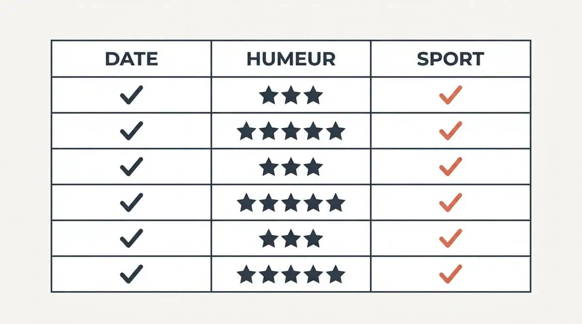 Infographie minimaliste d'une base de données Notion utilisée comme journal de bord pour tracker l'humeur et les habitudes quotidiennes.