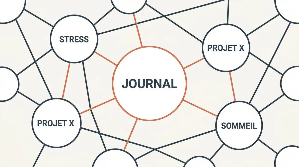 Schéma abstrait représentant la vue graphe (Graph View) d'Obsidian, reliant les idées du journal intime par des liens bidirectionnels.