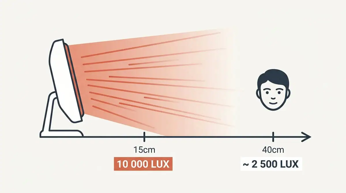 Schéma expliquant la loi en carré inverse : une lampe annonçant 10 000 lux à 15 cm ne délivre plus que 2 500 lux à 40 cm du visage.