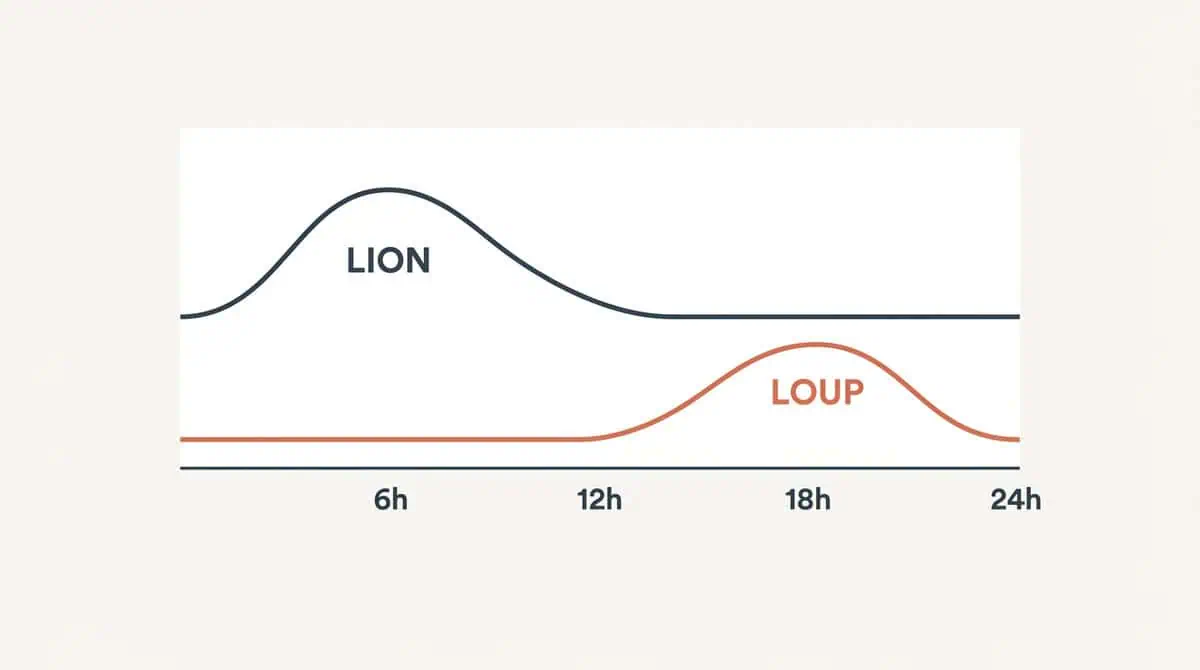 Graphique comparant le pic d'énergie matinal du chronotype Lion au pic d'énergie vespéral du chronotype Loup.