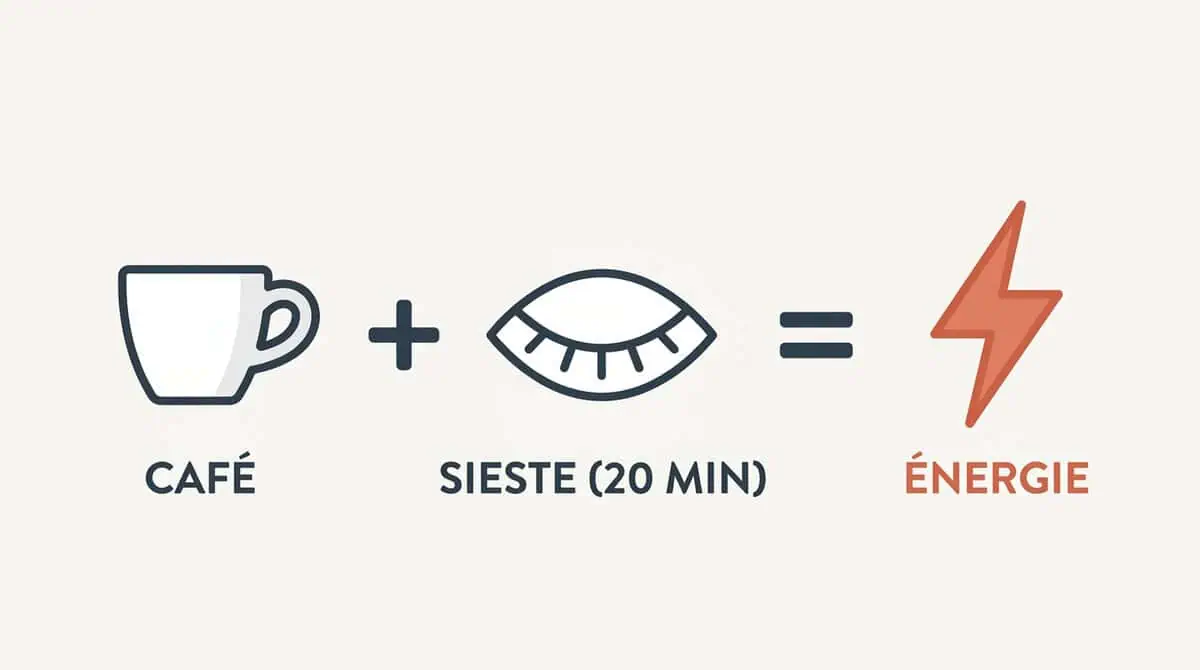 Schéma explicatif de la technique du café-sieste : un café plus une sieste de 20 minutes égale un maximum d'énergie.