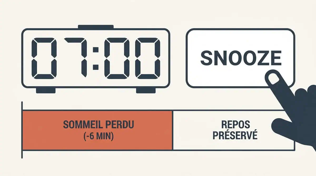 Infographie basée sur la science du sommeil montrant que l'usage du bouton snooze fait perdre en moyenne 6 minutes de sommeil réel.