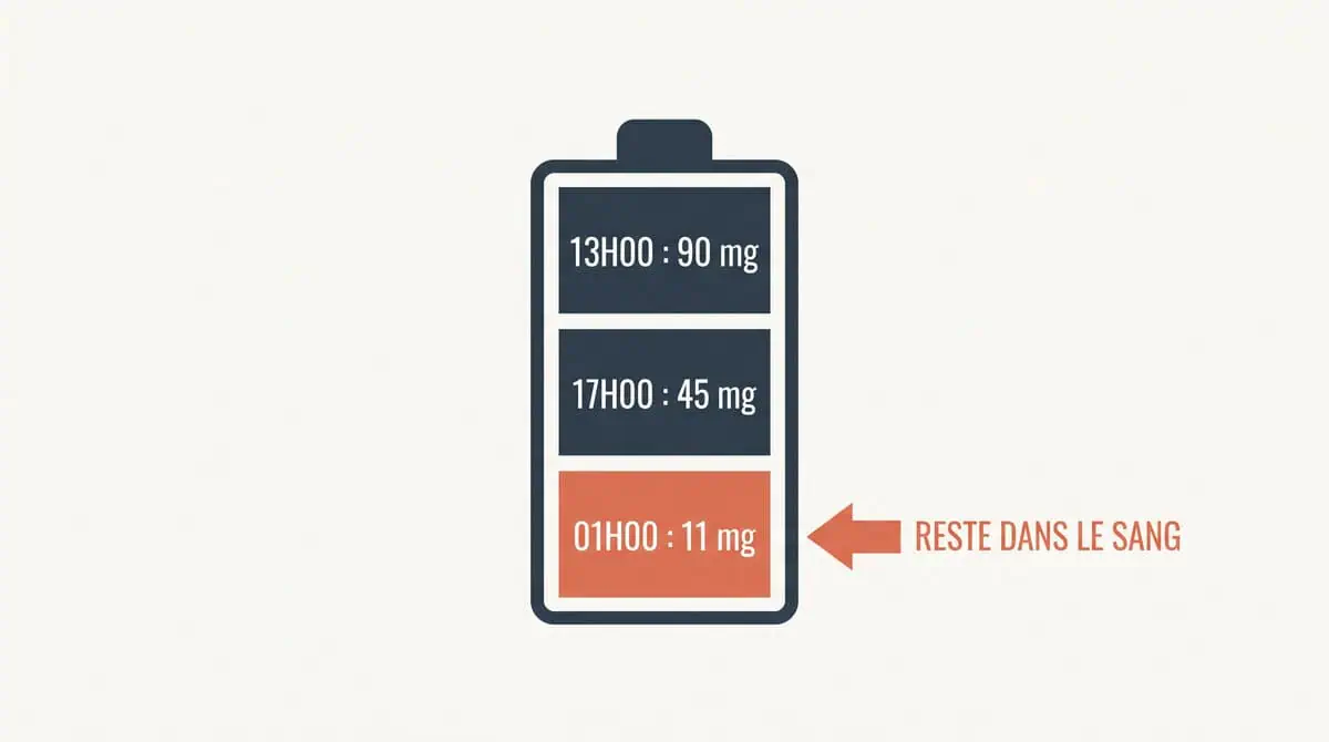Infographie illustrant la demi-vie de la caféine et démontrant qu'une partie de la substance reste dans le sang jusqu'au milieu de la nuit.