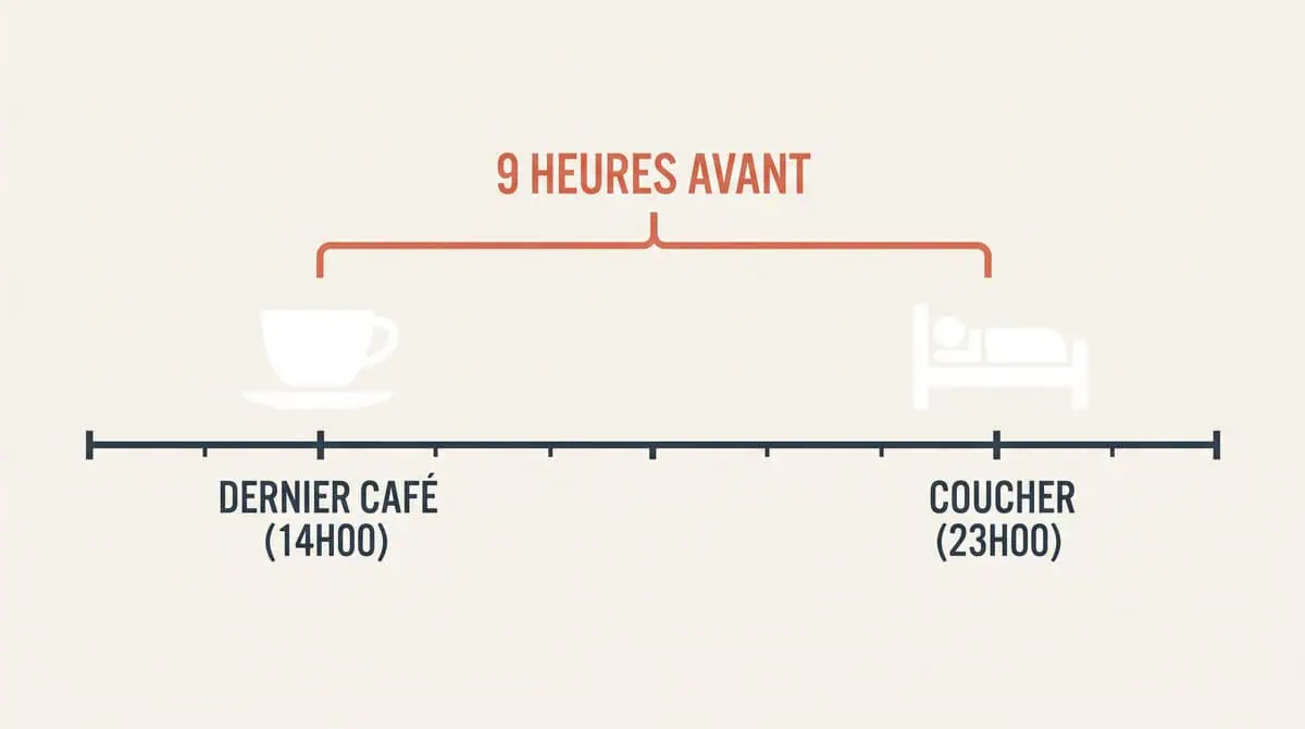 Schéma temporel montrant qu'il faut idéalement 9 heures entre le dernier café et l'heure du coucher pour préserver son sommeil.