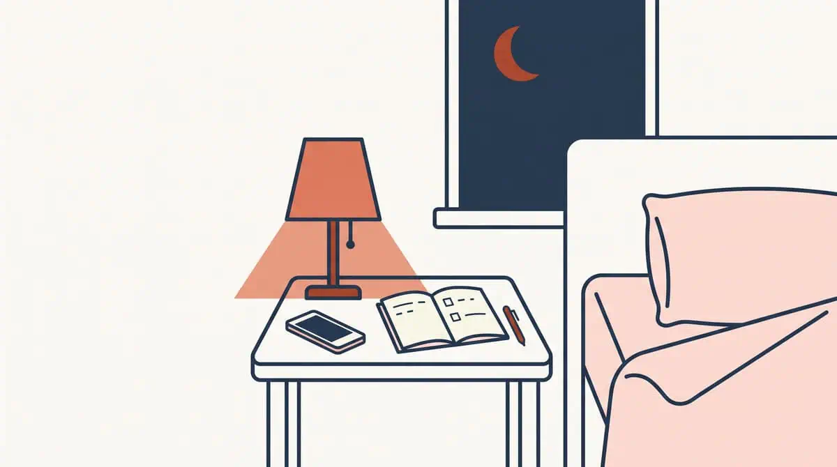 Table de chevet le soir avec une lampe à lumière chaude tamisée, un téléphone retourné et un carnet pour écrire la liste du lendemain
