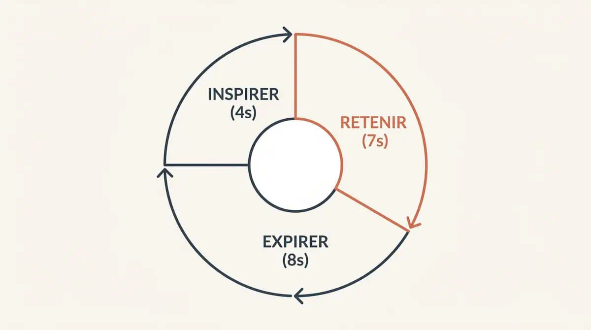 Schéma du cycle de respiration 4-7-8 : inspirer pendant 4 secondes, retenir 7 secondes, et expirer 8 secondes pour s'endormir.