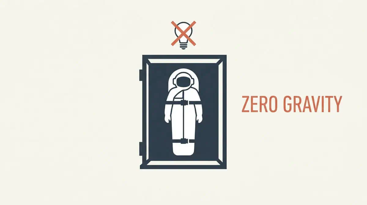 Infographie montrant un astronaute dormant dans un sac de couchage accroché au mur pour pallier l'absence de gravité dans l'ISS.